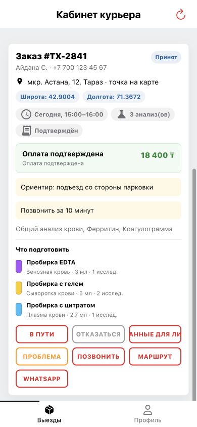 Принятая задача с адресом, оплатой, планом материалов и действиями курьера
