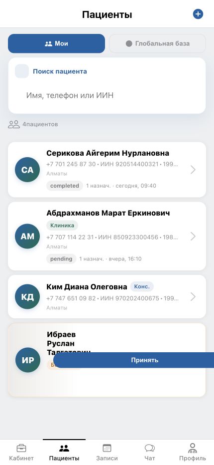 Список пациентов врача с поиском, принадлежностью клинике и назначениями