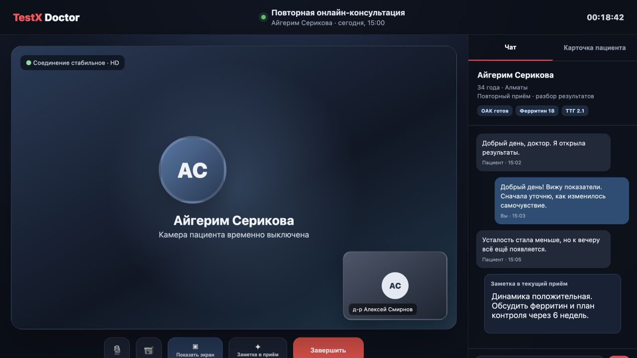 Демонстрационный экран видеоконсультации с пациентом, чатом и заметкой в приём