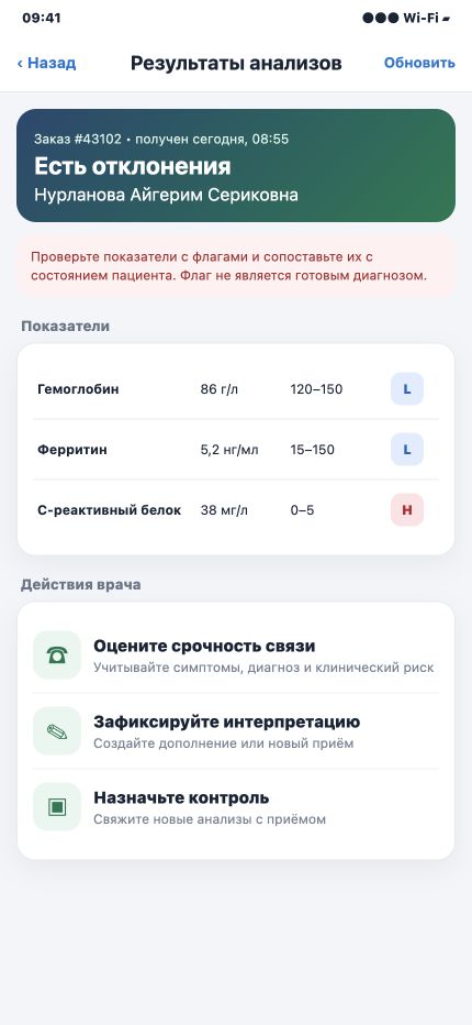 Результаты с флагами отклонений и действия врача