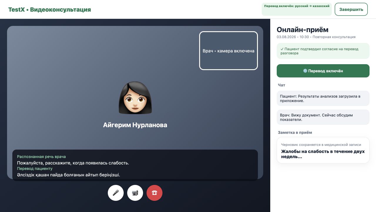 Видеоконсультация с согласием пациента, переводом речи, чатом и заметкой