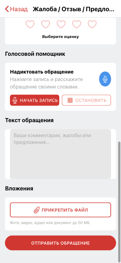 Поля текста, вложения и кнопка отправки обращения
